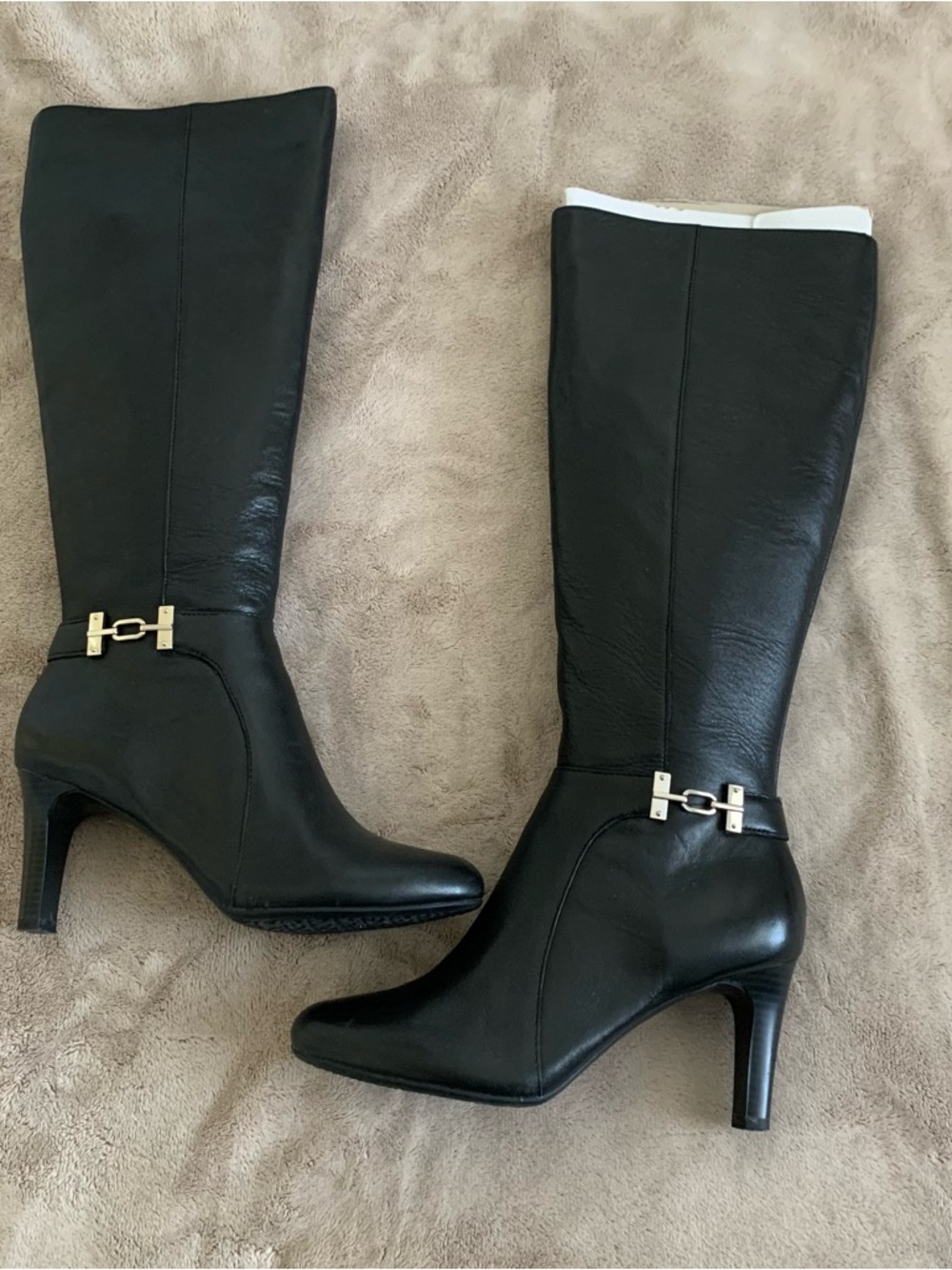 Bandolino Black Leather Knee-High Heeled Boots with Gold Accent